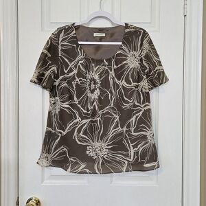 Windsmoor Lined Women's Floral Top ~ Light Brown and Cream ~ Size 14 ~ EUC ~